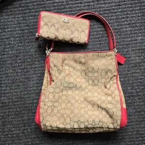 Y2k Coach Signature Brown Red Canvas Leather 3 Compartments Shoulder Bag Tote